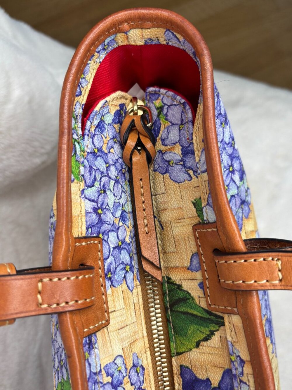 Dooney & Bourke Purple Hydrangea With Yellow Basketweave Design Shopper Tote Bag - Picture 10 of 16